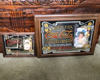 2 Framed Mirror Coca Cola "Relieves Fatigue" Advertisement Signs.