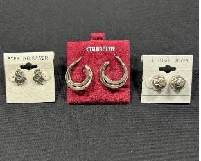 3 Pair Sterling Silver Stud Pierced Earrings
