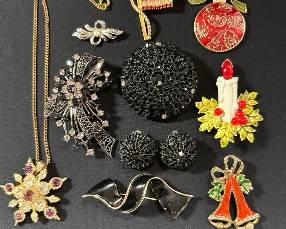 Kramer and other Festive Fun Holiday Pins, Necklace, and Clip Earrings