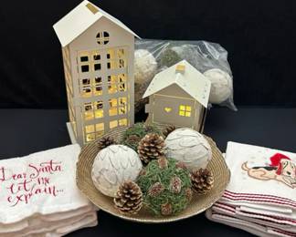 Holiday Houses, Gold Glass Centerpiece Bowl & Seasonal Decor