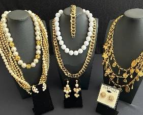 Costume Gold, Pearl & Charm Necklaces, Pierced Earrings Featuring Napier
