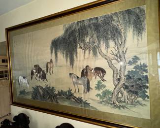 Oil on Silk 63 1/2” x 39” original hand painting on silk depicting eight immortal horses represents Chinese mythology.  Comes with certificate of appraisal purchased on 1981 (at that time,  valuation was $9600).  Oh my!   
