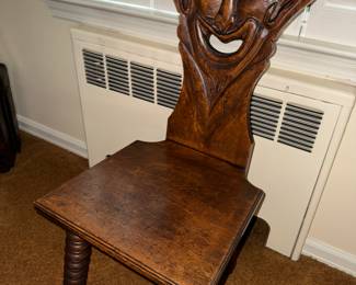 Happy Antique English Oak Figural Carved Hall Chair