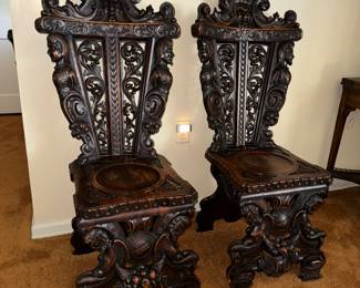 Pair of Antique Italian Renaissance Figural Carved Sgabello Hall Side Chairs (19th cent?) OH WOW