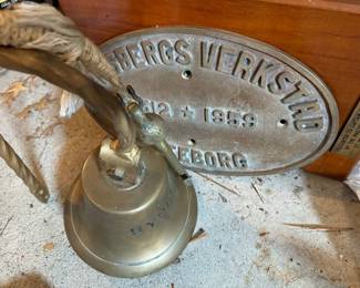 OLD DECOMMISIONED ship stuff. Bell, Brass name plate, and Steering wheel!!! 
"St John III Oil Tanker".   According to WWW, ST.JOHN III is a Chemical/Oil tanker built in 1959 by ERIKSBERGS MEKANISKE VERKSTADS - GOTHENBURG, SWEDEN. Current status: Decommissioned or lost. Formerly also known as HYPERION, HEMISPHERE. It's gross tonnage is 15772 tons