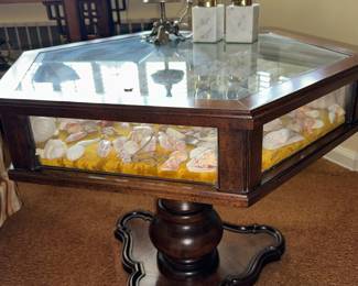 Mid-Century Hexagonal Walnut Table Shell table full of Sea Urchins 