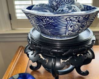 Blue and White Ceramic with Carpet balls and Asian base
