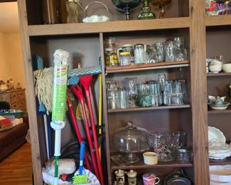 More Vintage Glass including Carnival Glass and other vintage glassware and ceramics. Lots of mops and floor cleaning supplies.