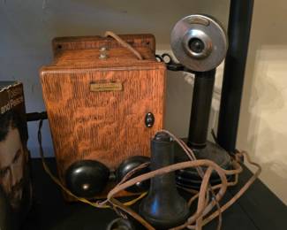 Antique Oak box ringer and candlestick phone.