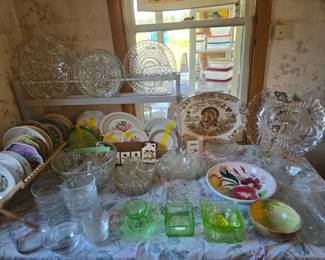Vintage Glass and ceramic plates, platters, snack sets and serving pieces.