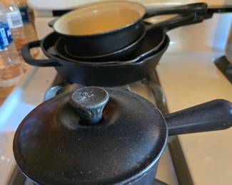 The cookware is high quality iron and enameled ironware, it has been well used and has many years of service left in it. More photos of cookware to come.