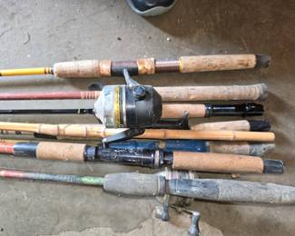 10 fishing poles, 4 reels, one Cortland 8ft, 5/6 flyrod