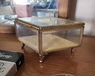 Large Gold Ormolu, Beveled Glass, Rectangle Diamond Shaped, Footed Jewelry Trinket Box Casket