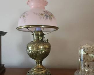 Vintage Converted Brass Oil Lamp with Floral Pink Glass Shade 