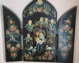 Vtg Folk Art Christmas Triptych with Nativity Scene