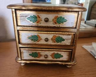 Wood Music Jewelry Box Footed Chest Gold Tone 3 Drawer