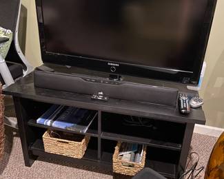 Polk audio system, flatscreen TV, TV stand