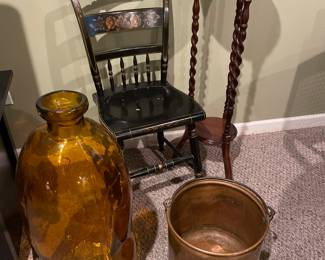 Antique chair, beautiful large bottle/vase brass pot