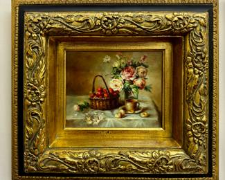 "Still Life with Strawberries" Oil on Board, Signed