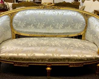 Gorgeous Upholstered Louis XV Giltwood Salon Sofa with Satin Floral Upholstery