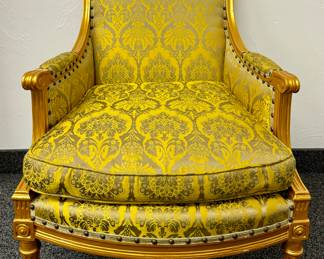 (2) Upholstered Gold Gilt Armchairs with Nailhead Trim