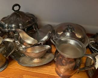 silver plate gravy boats and water pitcher, covered bowls