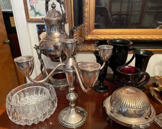 Silver plated candelabra , vintage F B Rogers Silver Co dome roll butter dish