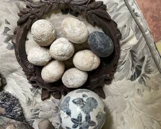 Egg shaped rocks to encourage chicken to lay eggs. 