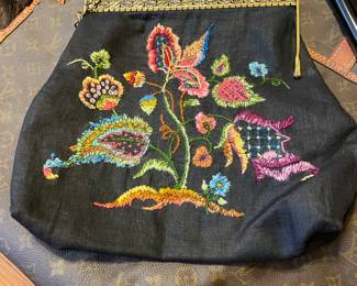 Vintage Jacobian Crewell Embroidered Purse Handbag Chain Strap Floral Colorful