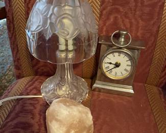 Glass lamp, salt lamp, silver tone desk clock 