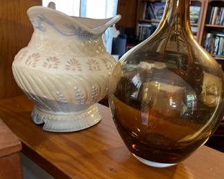 amber glass vase and ceramic water pitcher