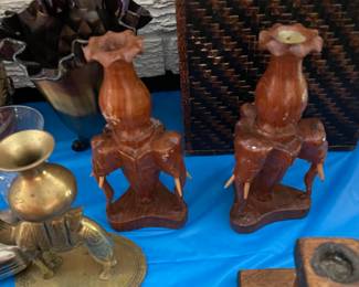 vintage carved wood elephant candlesticks Thailand  