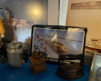 Rescue Helicopter model kit, antique coffee grinder, antique clothes iron