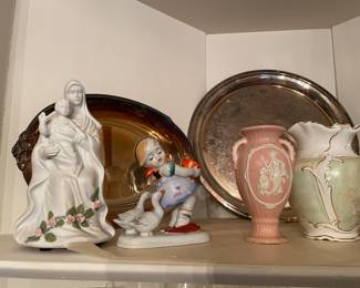 Mother  Mary with Jesus Resin  Figure & 1945-51 Occupied Japan Porcelain Figurine Girl Ducks