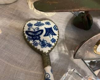 antique porcelain blue delft hand mirror