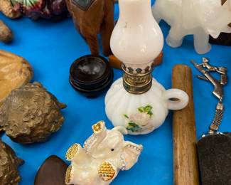 miniature oil lamp, elephant trinket box