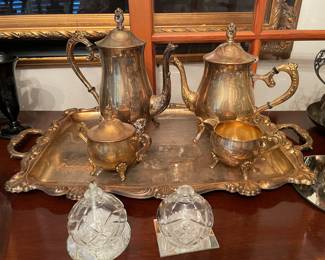 Brass gold tone tea set with tray, vintage glass oil lamps