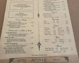 Adolphus Hotel Room Service menu