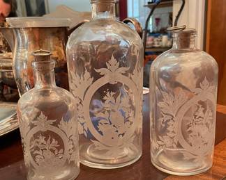 Antique apothecary etched glass jars