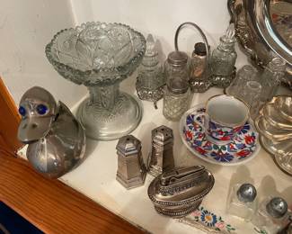 Salt and Pepper Shakers, Vintage Ronson Queen Anne Silver Plate Table Top Cigarette Lighter& Vintage Silver Plate Duck Piggy Bank w/Blue Jewel Eyes Made in Denmark