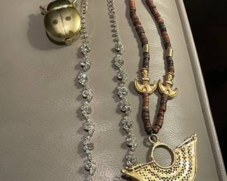 Vintage Egyptian Revival Molded Glass Green Pharaoh necklace, lady bug watch pendant