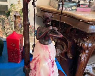 Antique Brass Blown Glass Art Deco Lamp, Lady in a Swing with Butterfly 