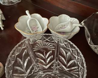 vintage mini porcelain sugar scoop and dish sets, glass cut bowl