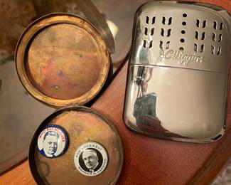 Vintage election pins , JC Higgins hand warmer