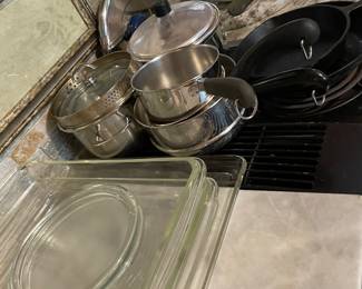 glass bakeware, pots, cast iron skillets