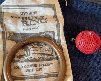 Cinnabar pendant and solid copper bull ring bracelet 