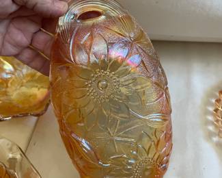 Amber Marigold Carnival Glass Sunflower Pattern Oval Relish Dish