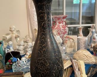 Black brass etched vase 