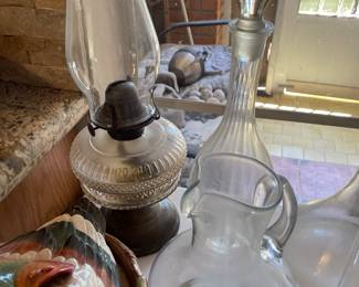etched glass oil lamp, glass pitcher