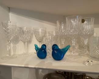 Cut crystal glassware , vintage blue birds of happiness art glass